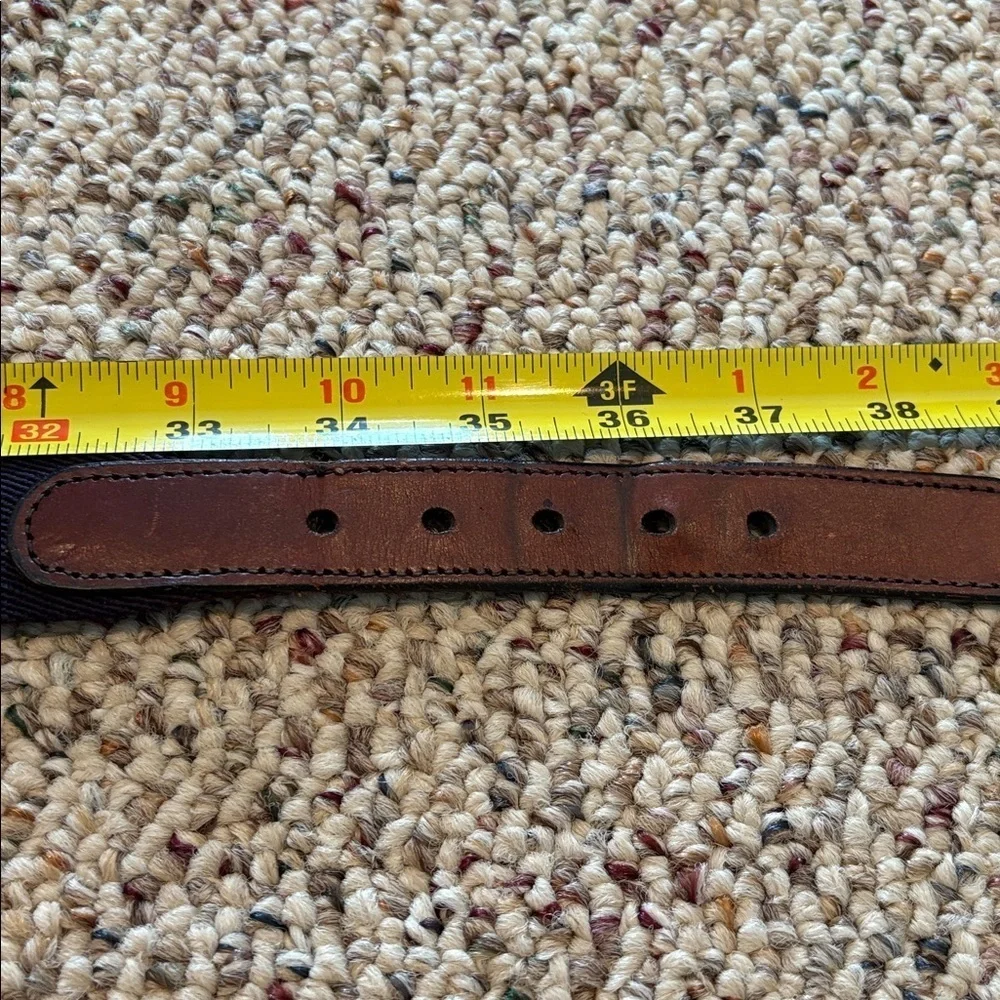 Vintage Brown and Navy Belt with Brass Buckle. Fabric & Leather. 36